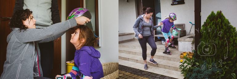 mama pomaga córce ubrać rolki i kask